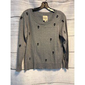 Chaser Gray Skull Print Knit Sweater Size M